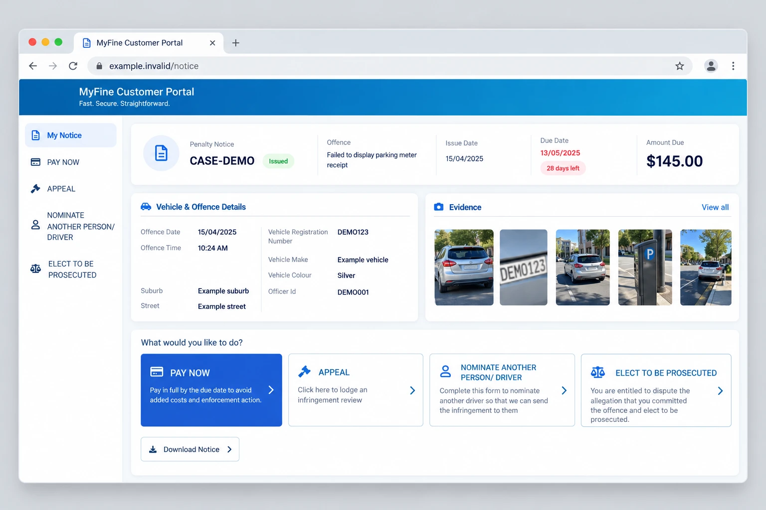 MyFine customer portal presentation showing notice information, evidence and response options